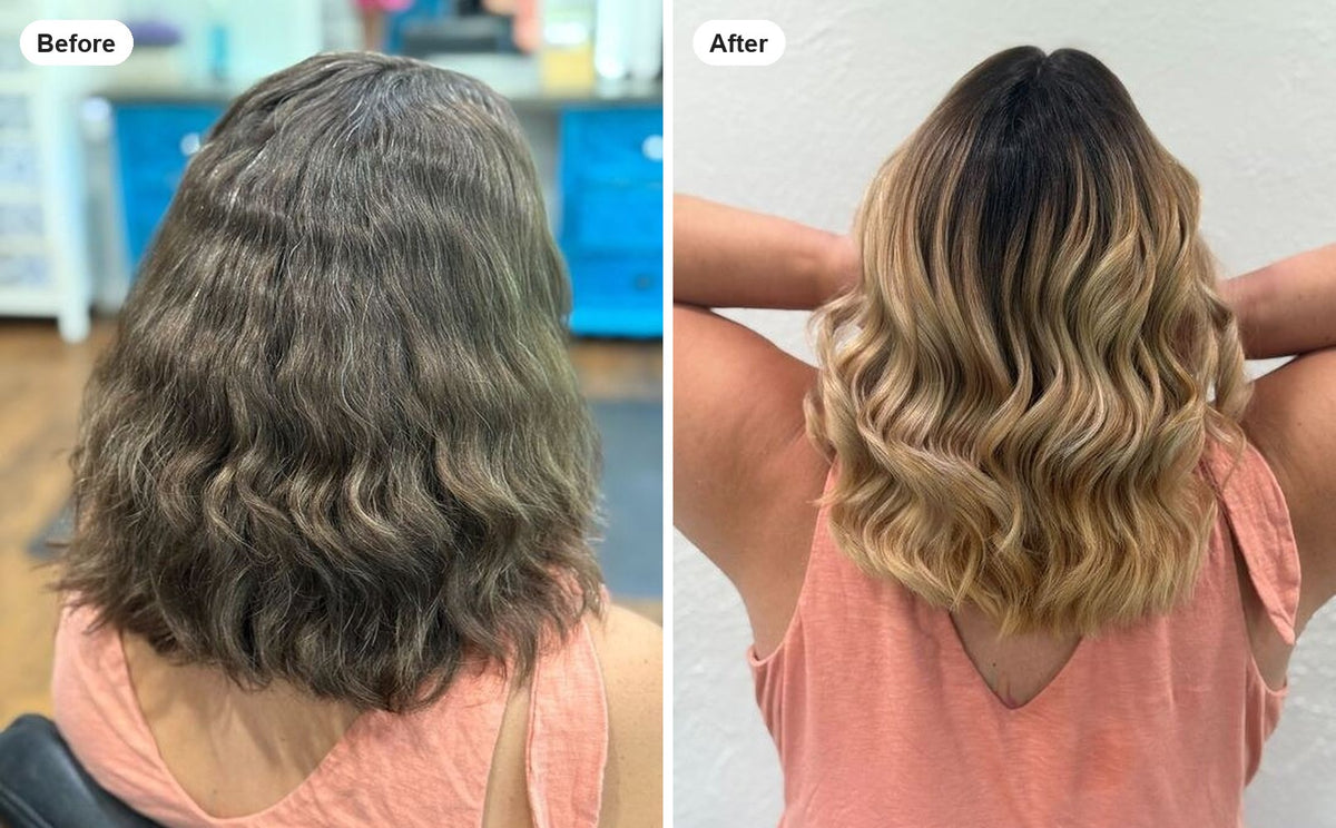 Before and after: brown waves lifted to a dimensional blonde at Elevate Salon + Spa, Charlottesville VA
