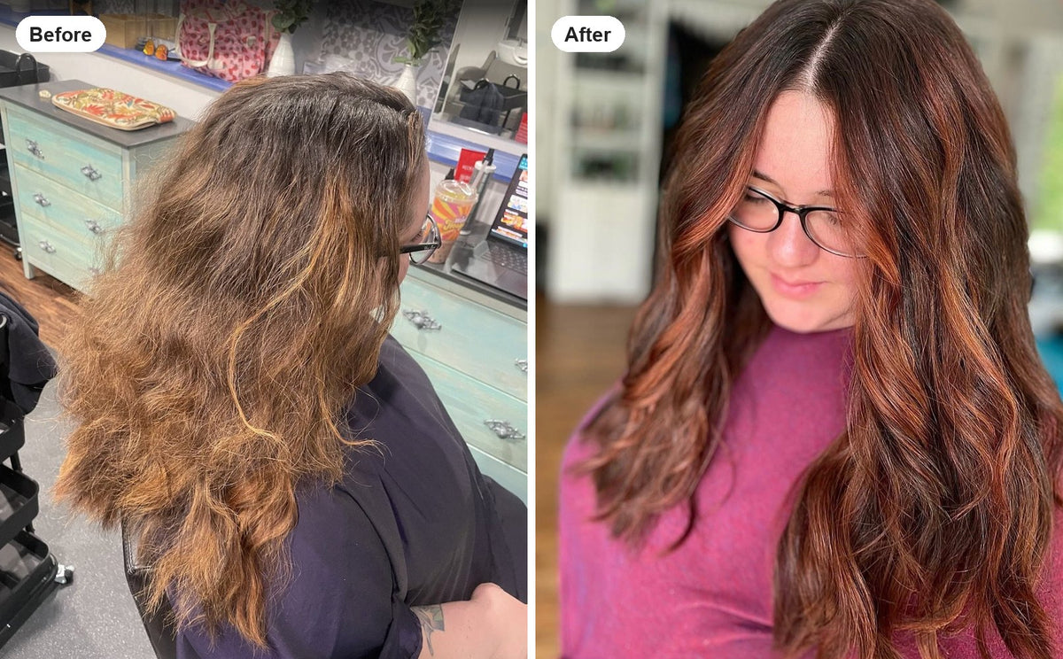 Before and after: grown-out color turned into copper balayage at Elevate Salon + Spa, Charlottesville VA