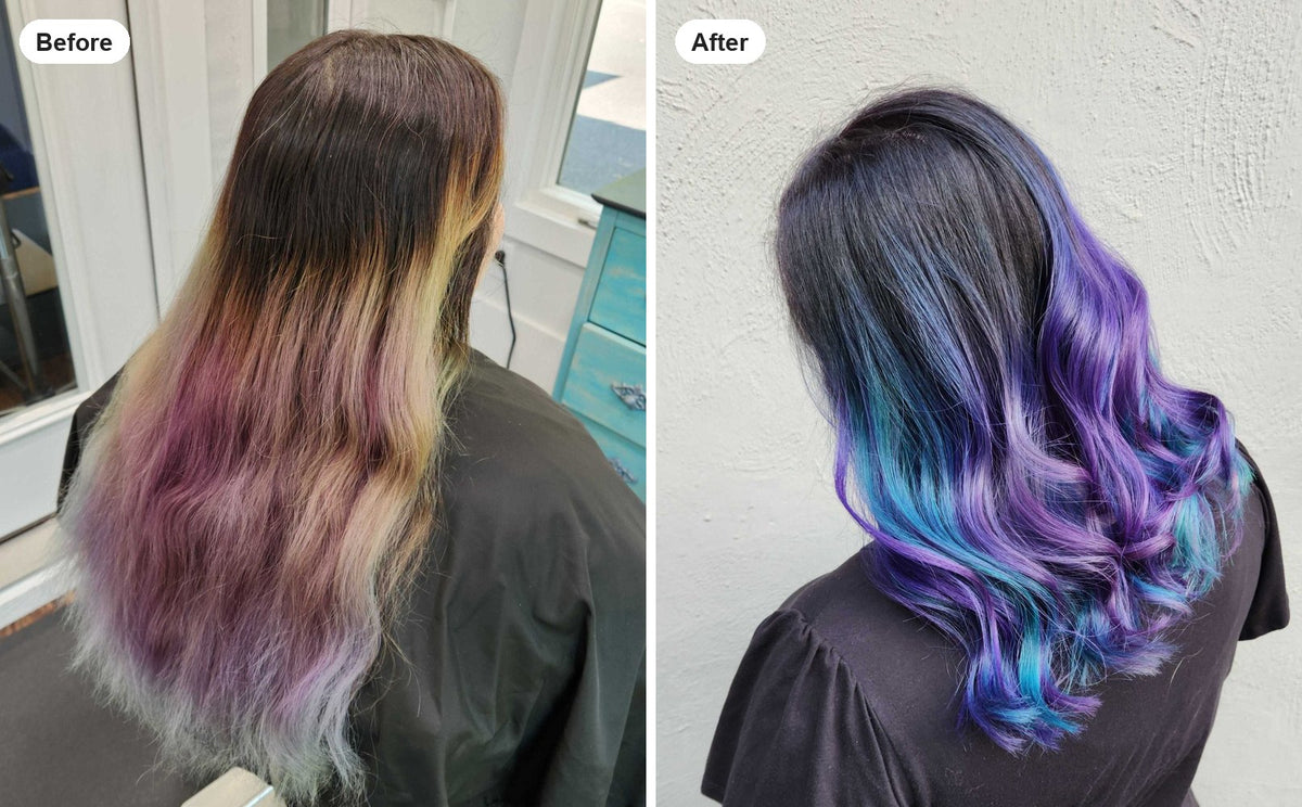 Before and after: faded vivid color corrected to purple and teal at Elevate Salon + Spa, Charlottesville VA