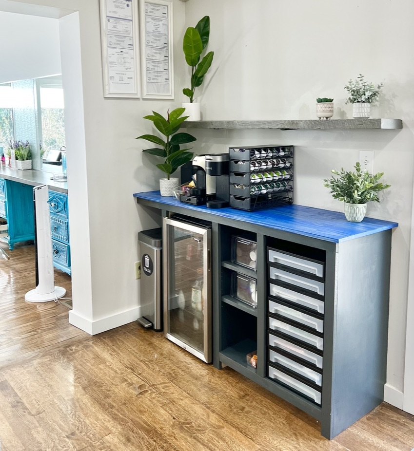 Beverage station and refreshment cart at Elevate Salon + Spa, Charlottesville VA