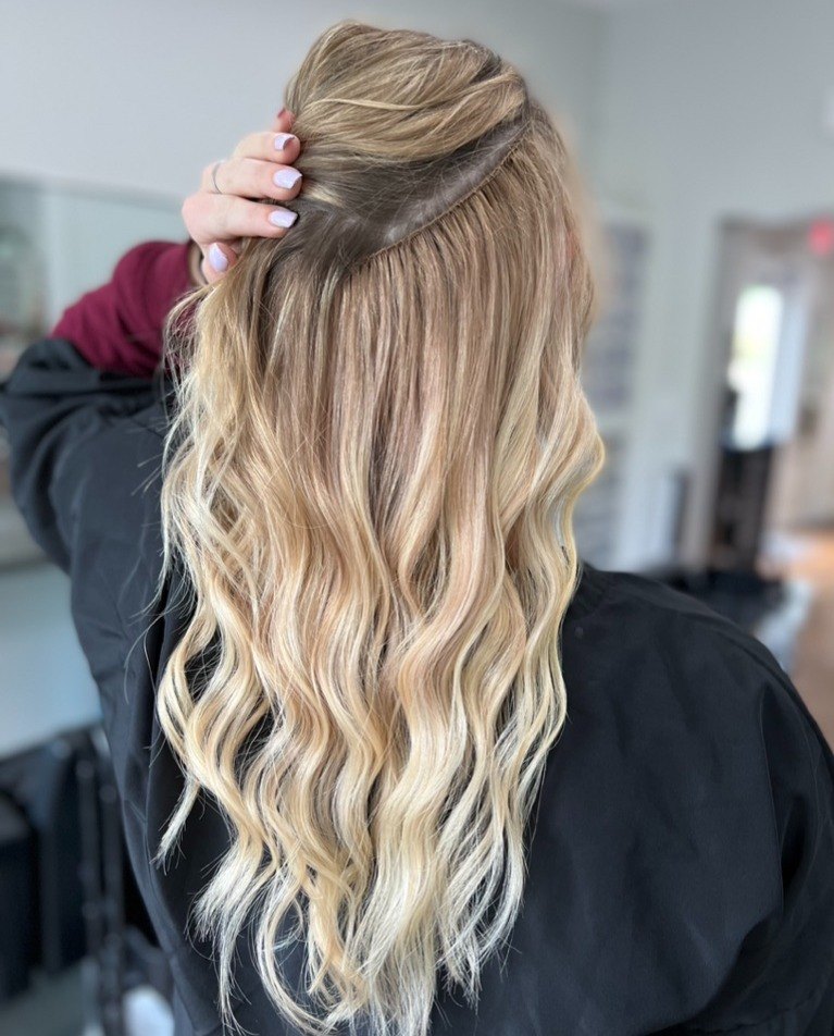 Blonde balayage extensions with waves at Elevate Salon + Spa, Charlottesville VA