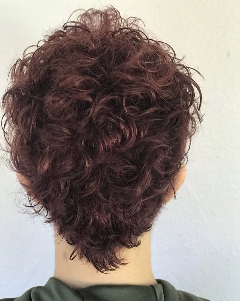 Burgundy curly pixie at Elevate Salon + Spa, Charlottesville VA