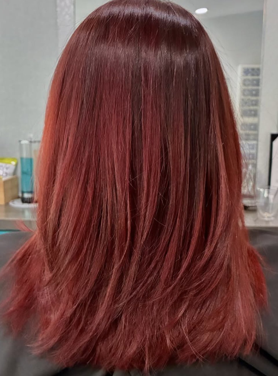 Cherry red lob at Elevate Salon + Spa, Charlottesville VA