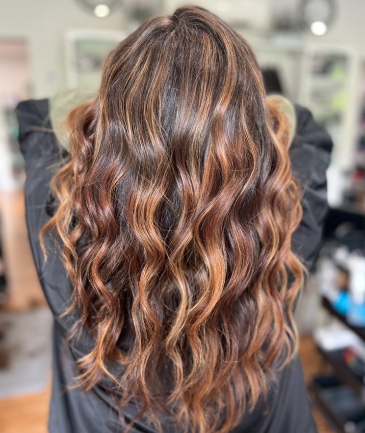 Copper balayage curls at Elevate Salon + Spa, Charlottesville VA