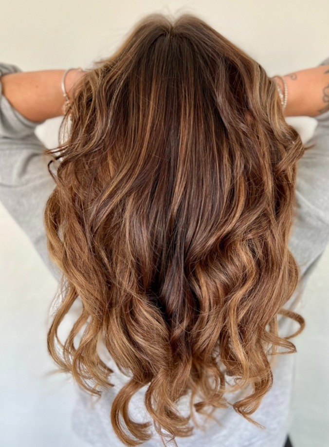 Copper brunette balayage waves at Elevate Salon + Spa, Charlottesville VA
