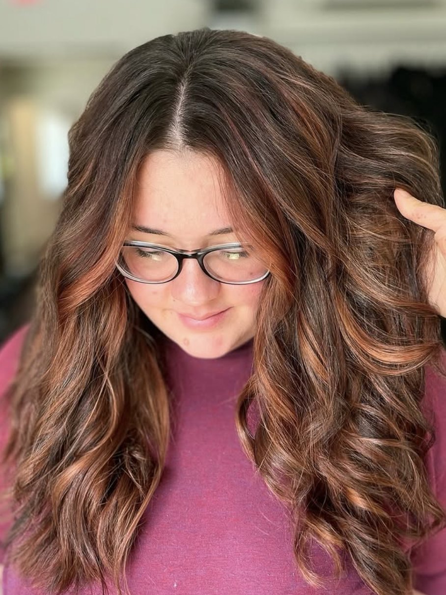 Copper brunette waves at Elevate Salon + Spa, Charlottesville VA