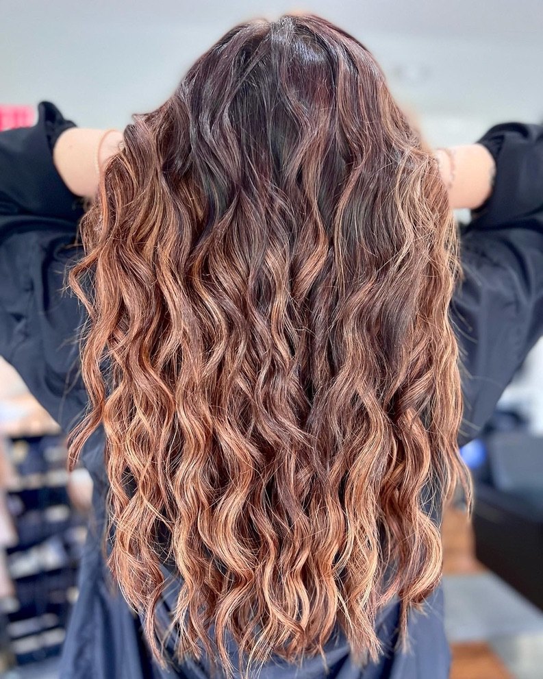 Copper curls with added length at Elevate Salon + Spa, Charlottesville VA