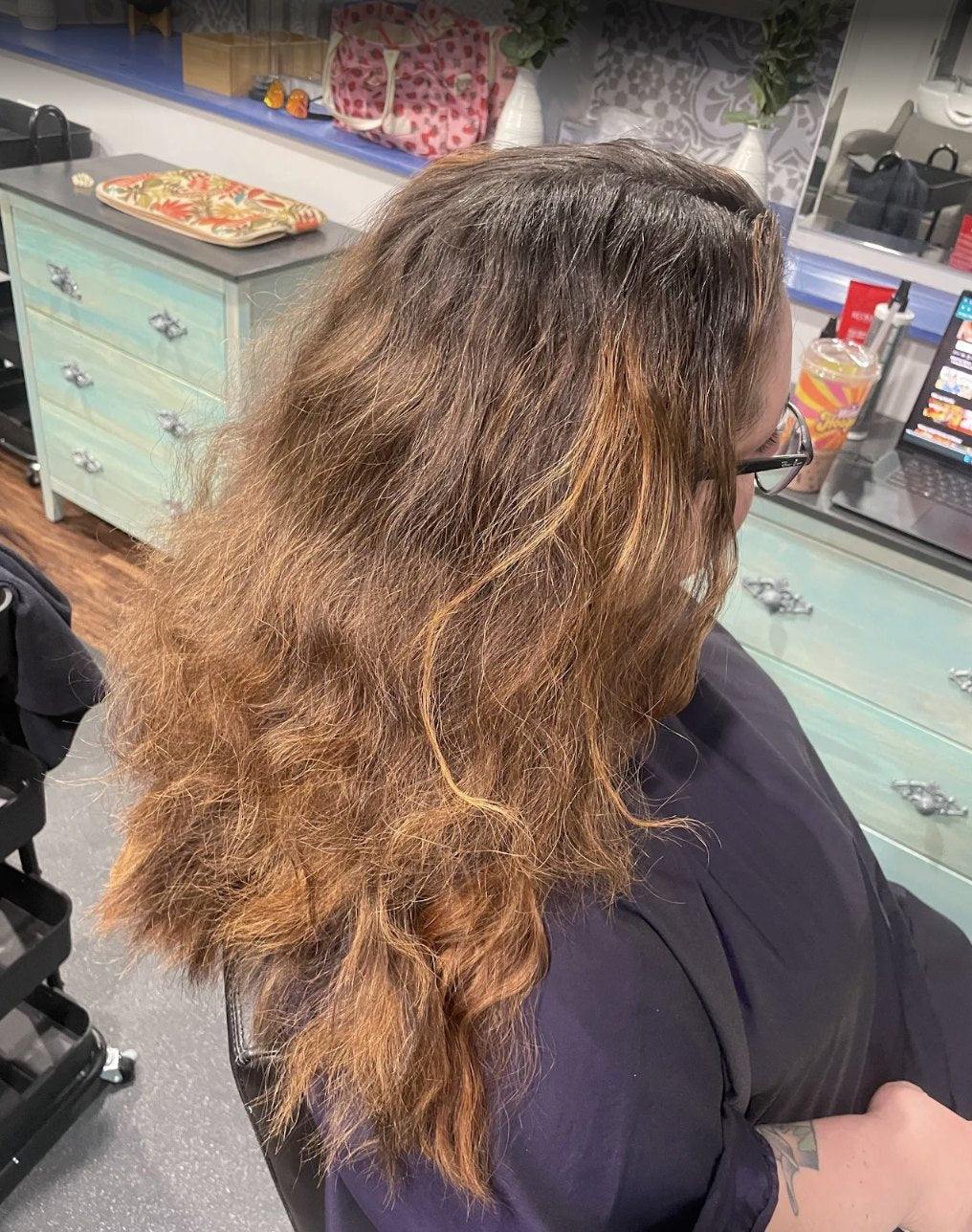 Copper transformation before at Elevate Salon + Spa, Charlottesville VA