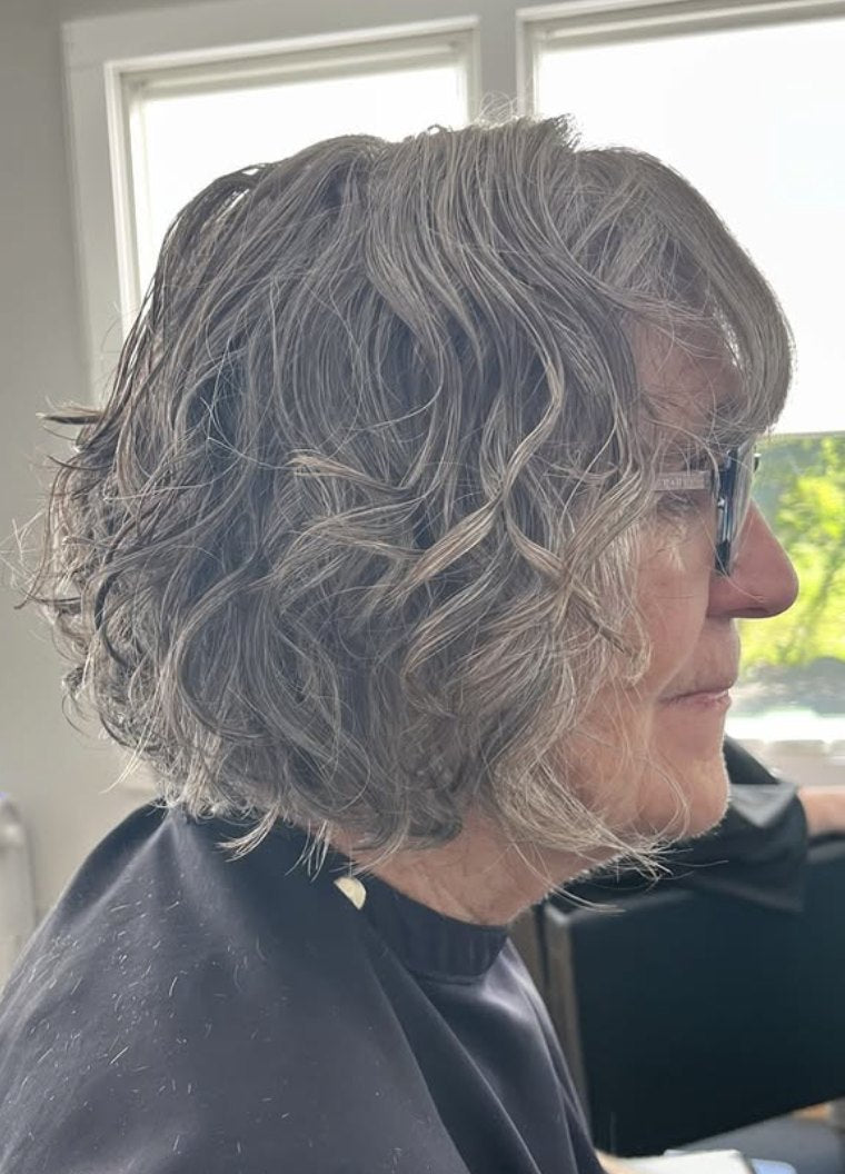 Curly gray bob at Elevate Salon + Spa, Charlottesville VA