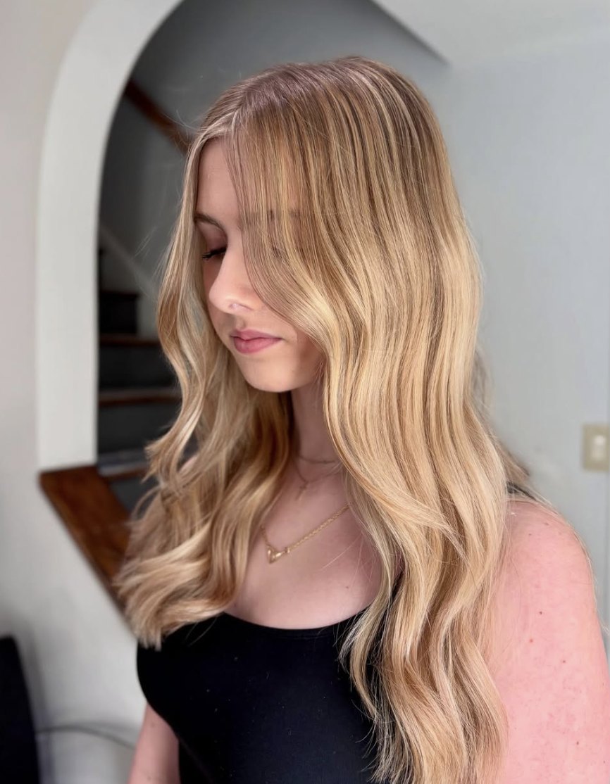 Face framing blonde balayage at Elevate Salon + Spa, Charlottesville VA