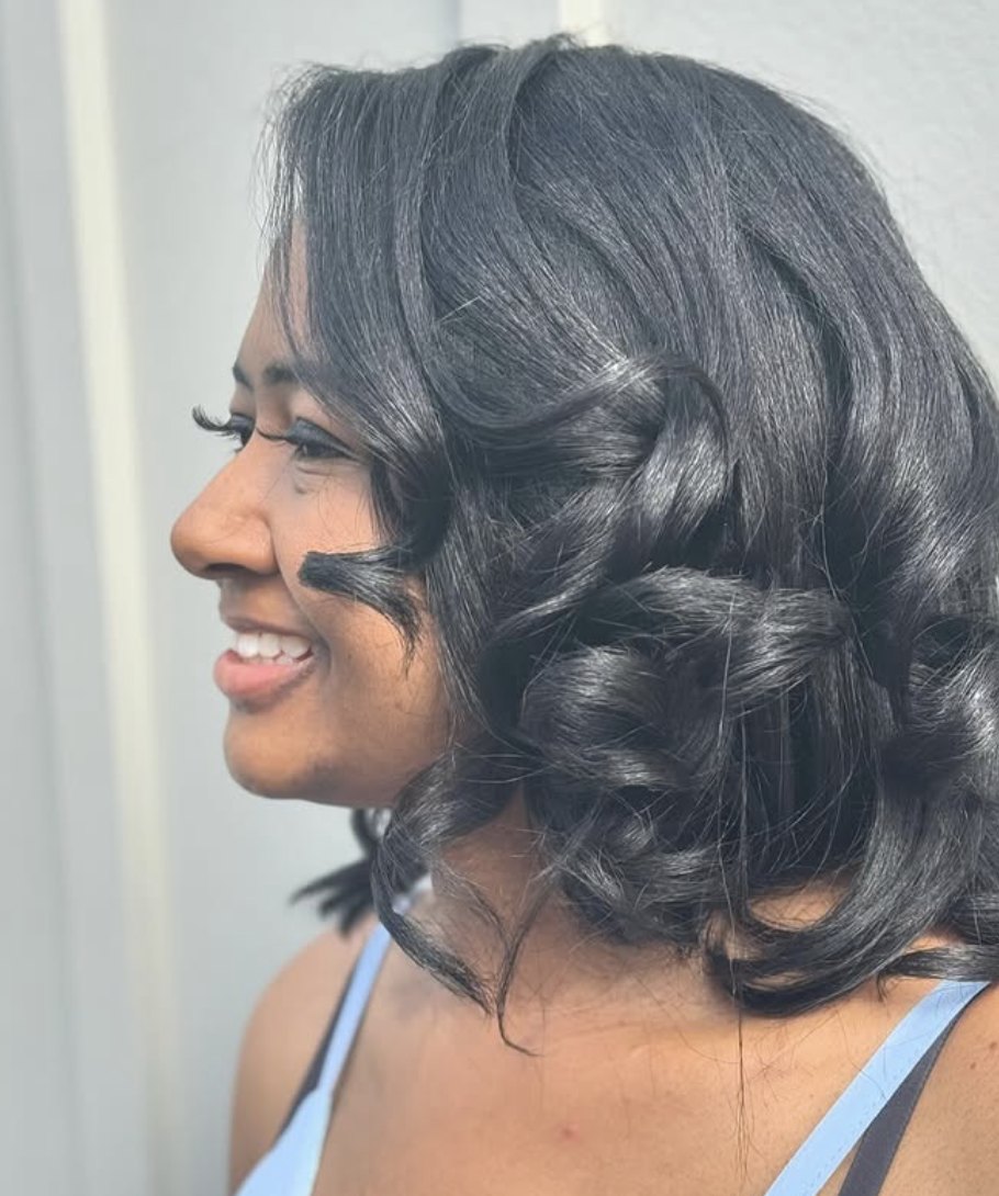 Glossy black curls at Elevate Salon + Spa, Charlottesville VA