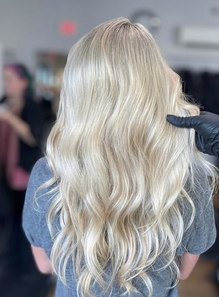 Icy blonde long waves at Elevate Salon + Spa, Charlottesville VA