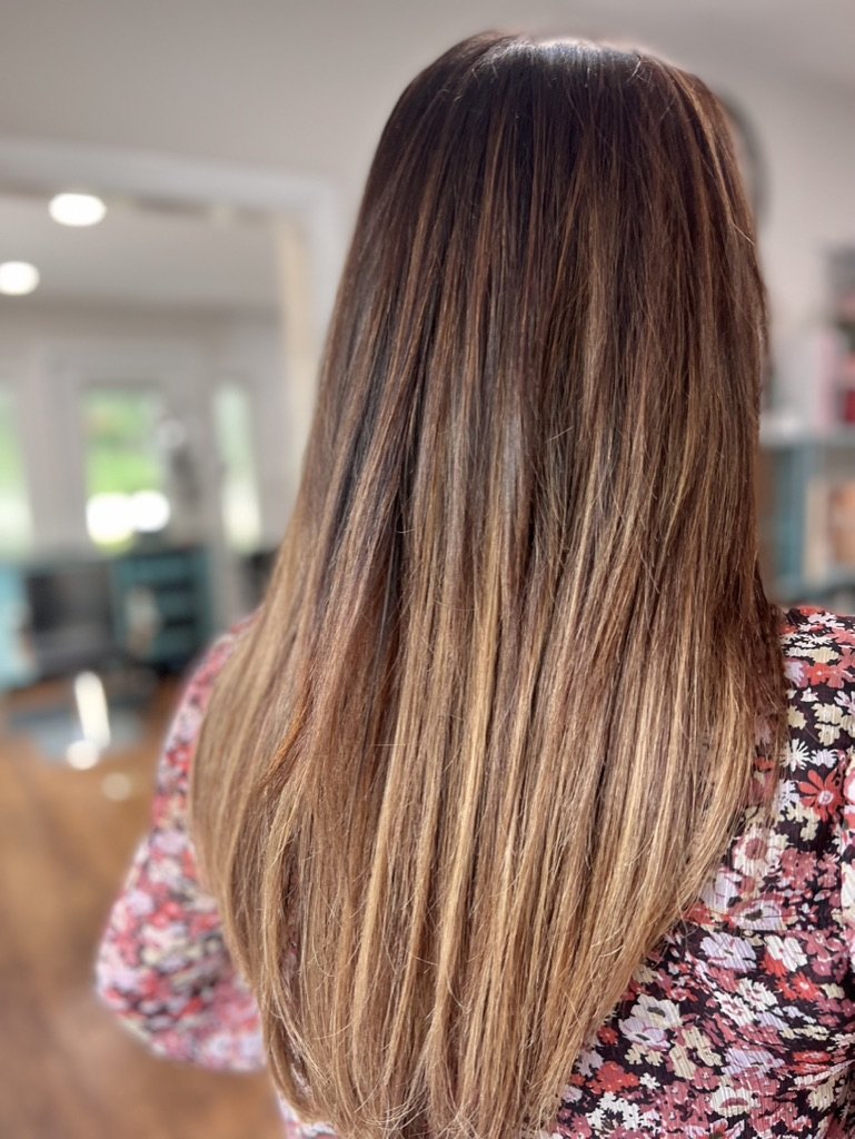 Long brunette to caramel balayage at Elevate Salon + Spa, Charlottesville VA