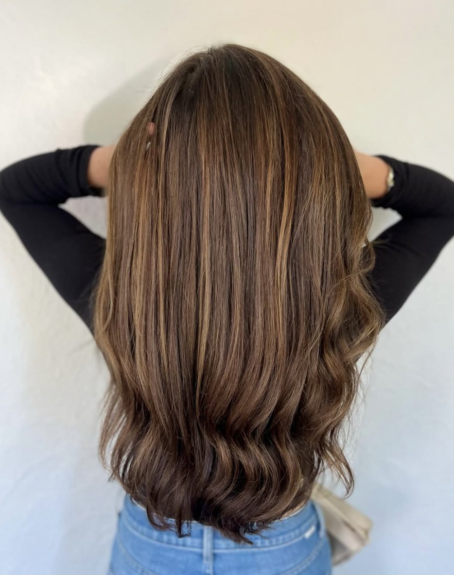 Long brunette with soft highlights at Elevate Salon + Spa, Charlottesville VA