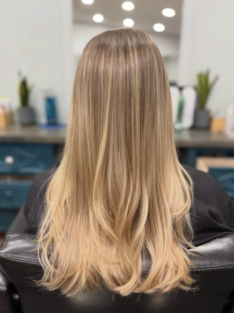 Long caramel blonde ombre at Elevate Salon + Spa, Charlottesville VA