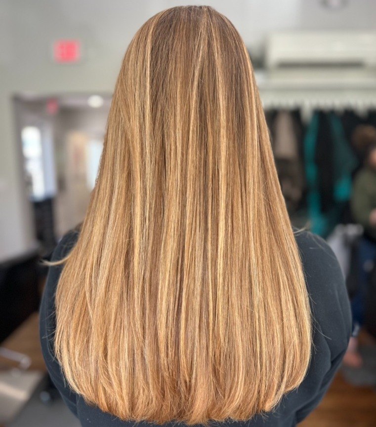 Long copper blonde balayage at Elevate Salon + Spa, Charlottesville VA
