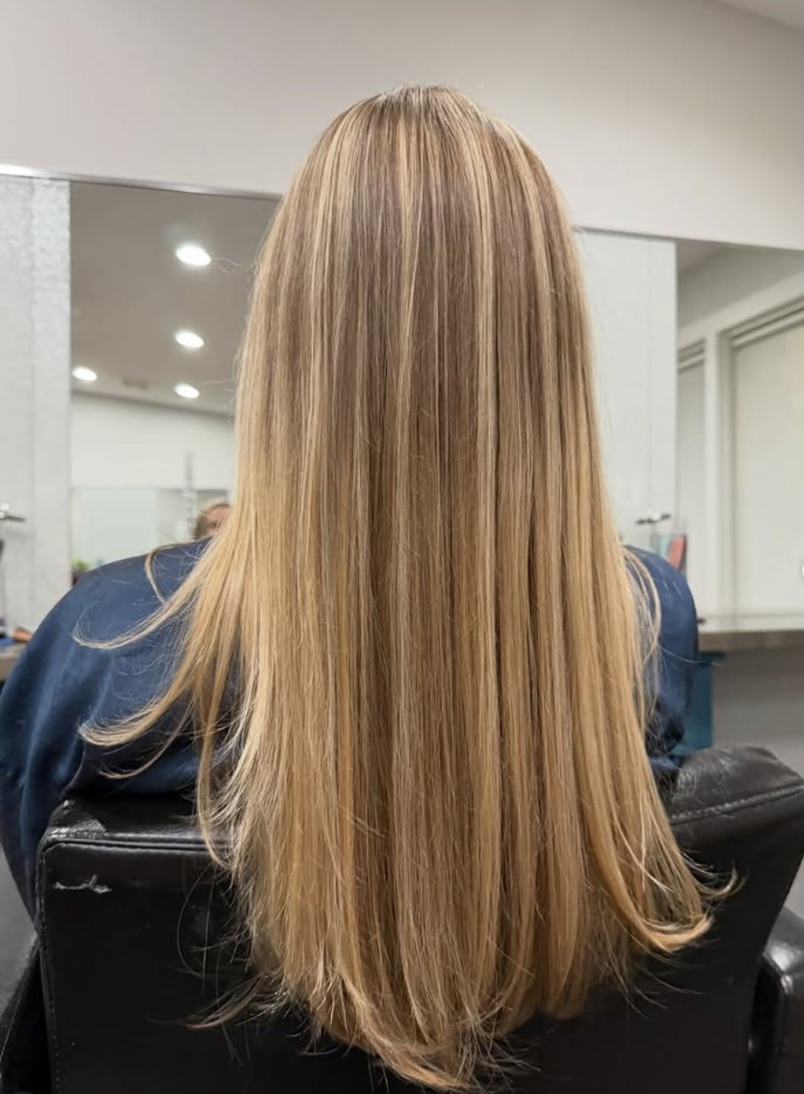 Long honey blonde highlights at Elevate Salon + Spa, Charlottesville VA