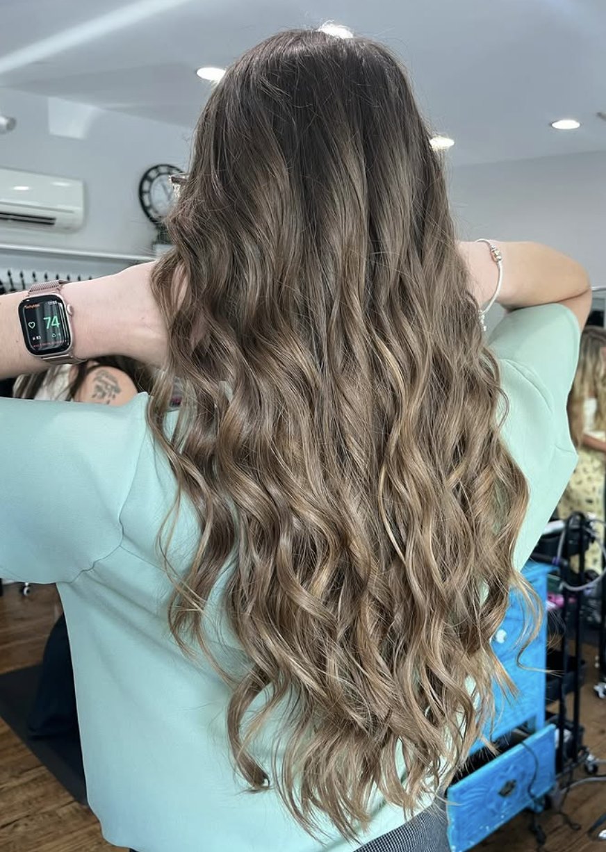 Long mushroom brown waves at Elevate Salon + Spa, Charlottesville VA