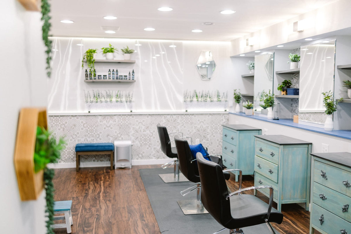 Styling floor with mint stations at Elevate Salon + Spa, Charlottesville VA