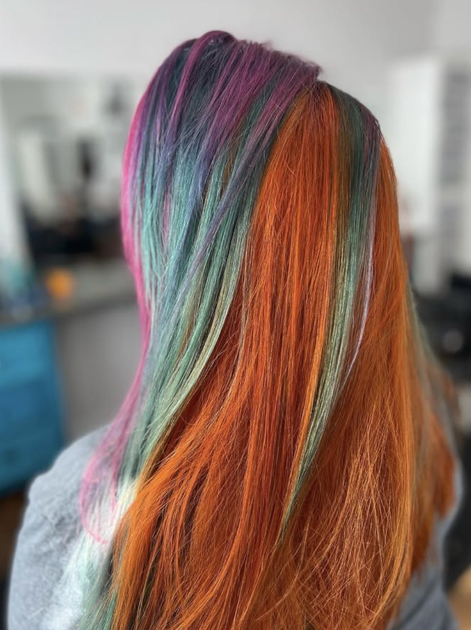 Vivid rainbow and copper at Elevate Salon + Spa, Charlottesville VA