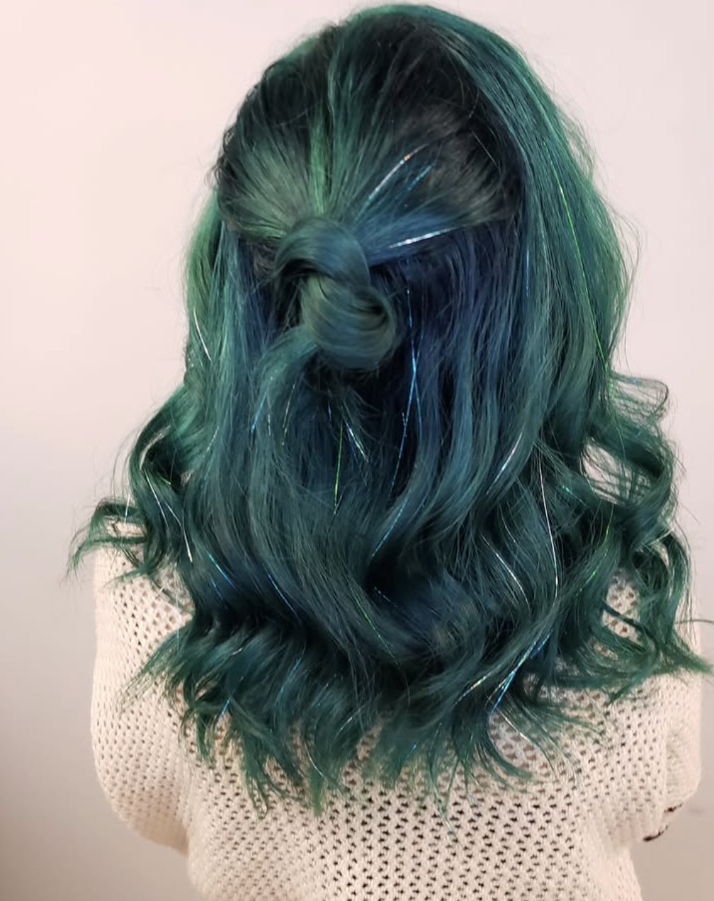 Vivid teal curls at Elevate Salon + Spa, Charlottesville VA